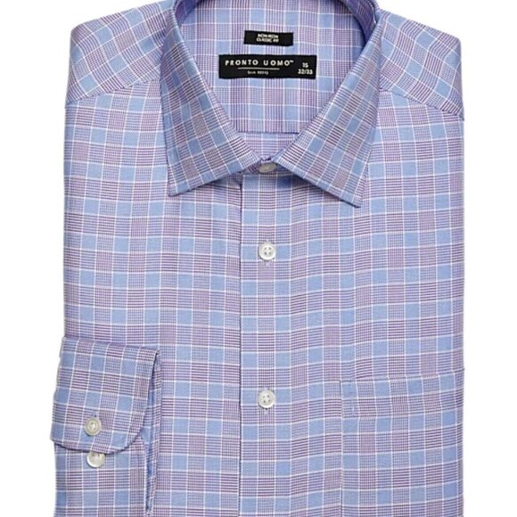 Pronto Uomo Classic Fit Men Shirt 19 34/35 NWT Purple Blue Lavender Check Adult - Picture 1 of 1